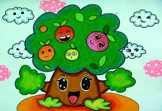 儿童画苹果树的幸福