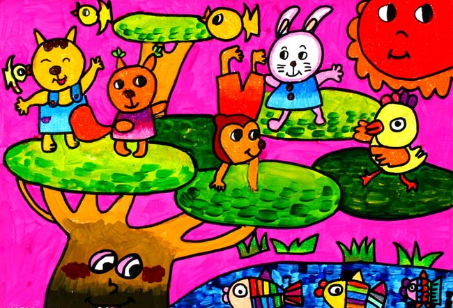 儿童画动物们的聚会幼儿水彩画图片